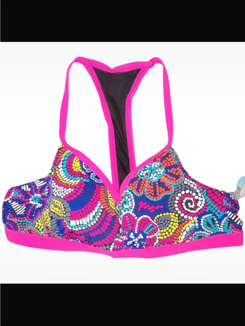 be inspired Multicolor Floral Mosaic Bikini Top with Bright Pink Trim
